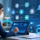 Case manager using a digital dashboard with connected workflow icons, cloud technology, security visuals, and outcome tracking charts in a modern office.