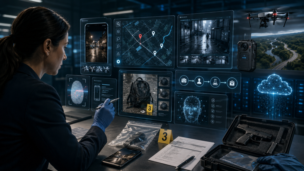 Forensic analyst reviewing digital evidence on transparent screens, including maps, CCTV footage, fingerprint scans, drone data, and cloud verification tools.