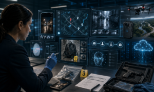 Forensic analyst reviewing digital evidence on transparent screens, including maps, CCTV footage, fingerprint scans, drone data, and cloud verification tools.