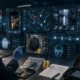 Forensic analyst reviewing digital evidence on transparent screens, including maps, CCTV footage, fingerprint scans, drone data, and cloud verification tools.