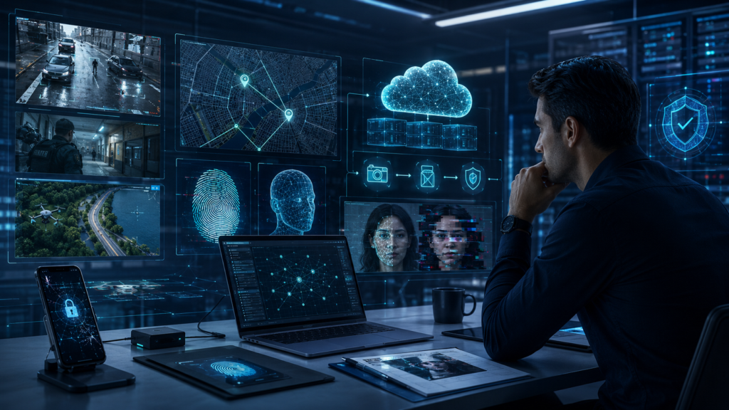 Digital forensic analyst reviewing surveillance footage, geolocation maps, fingerprints, cloud data, and AI verification tools in a high-tech investigation lab.