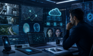 Digital forensic analyst reviewing surveillance footage, geolocation maps, fingerprints, cloud data, and AI verification tools in a high-tech investigation lab.