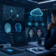 Digital forensic analyst reviewing surveillance footage, geolocation maps, fingerprints, cloud data, and AI verification tools in a high-tech investigation lab.