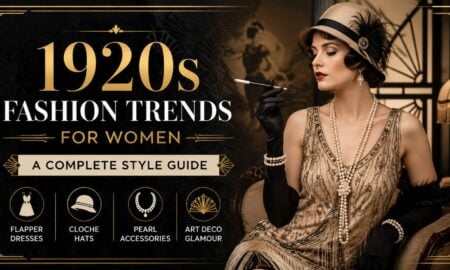 1920s fashion trends for women featuring flapper dresses, bob hairstyles, pearl necklaces, and Art Deco accessories