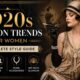 1920s fashion trends for women featuring flapper dresses, bob hairstyles, pearl necklaces, and Art Deco accessories