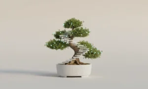 Minimalist bonsai pruned into ascending steps with subtle glowing nodes in a white pot against a soft neutral background.
