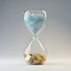 Elegant hourglass with blue snowflakes turning into stacked gold coins on a soft neutral background, symbolizing seasonal slump to revenue.