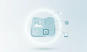 Floating personalized content card fed by glowing AI nodes on a soft gradient background.