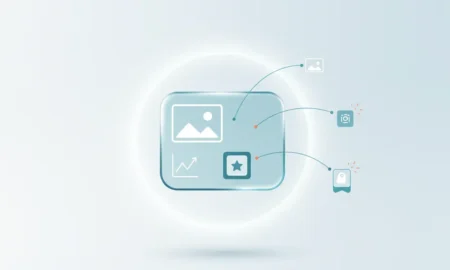 Floating personalized content card fed by glowing AI nodes on a soft gradient background.