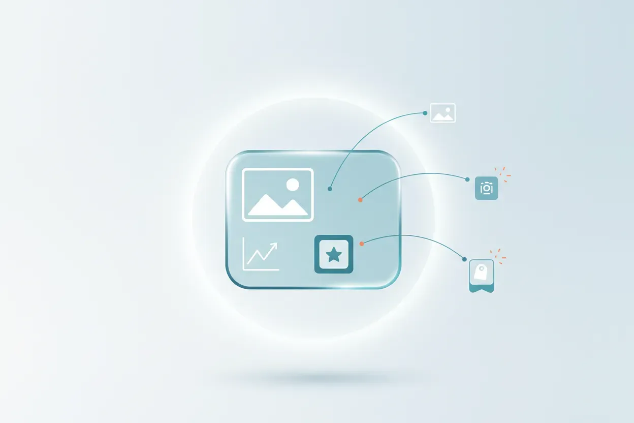 Floating personalized content card fed by glowing AI nodes on a soft gradient background.