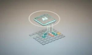 Glowing AI chip merging into a minimalist content calendar on a soft neutral background, symbolizing AI-driven social scheduling.