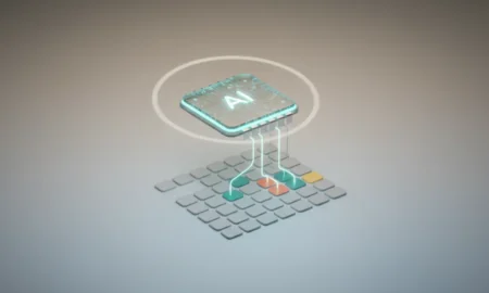 Glowing AI chip merging into a minimalist content calendar on a soft neutral background, symbolizing AI-driven social scheduling.