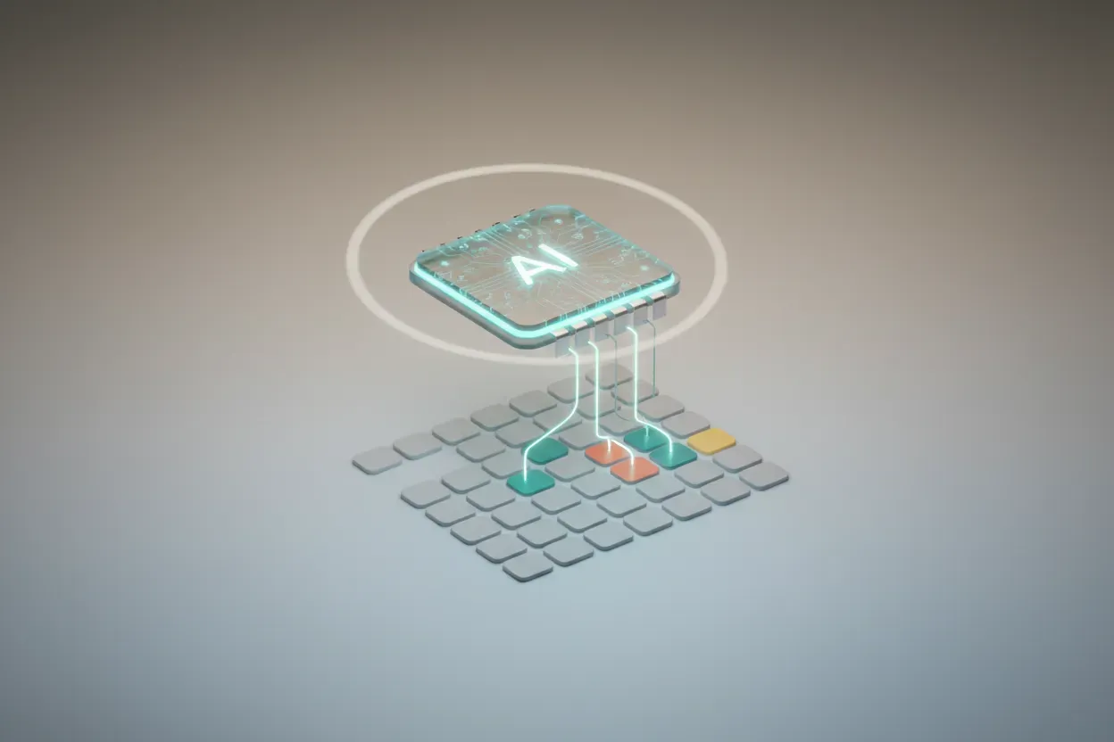 Glowing AI chip merging into a minimalist content calendar on a soft neutral background, symbolizing AI-driven social scheduling.