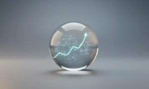 Crystal sphere with glowing AI network and upward trend line on a soft neutral background, symbolizing AI-driven marketing forecasting.