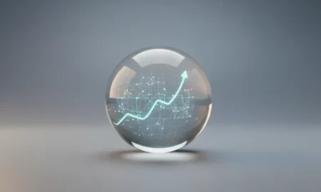 Crystal sphere with glowing AI network and upward trend line on a soft neutral background, symbolizing AI-driven marketing forecasting.