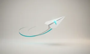 Paper airplane pivots sharply, glowing curved trail marks new direction on a soft gray gradient background.