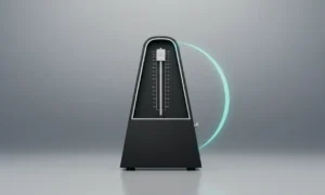 Sleek black metronome with cyan pendulum trail on soft gray background, evoking cadence as a business velocity metric.