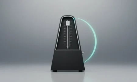 Sleek black metronome with cyan pendulum trail on soft gray background, evoking cadence as a business velocity metric.