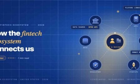 TechBullion navy editorial featured image for the article 'FinTech Ecosystem Explained: What It Means for Consumers and Businesses in the USA', with a short gold-italic headline phrase and a topic-fitting illustration on a two-tier grid.