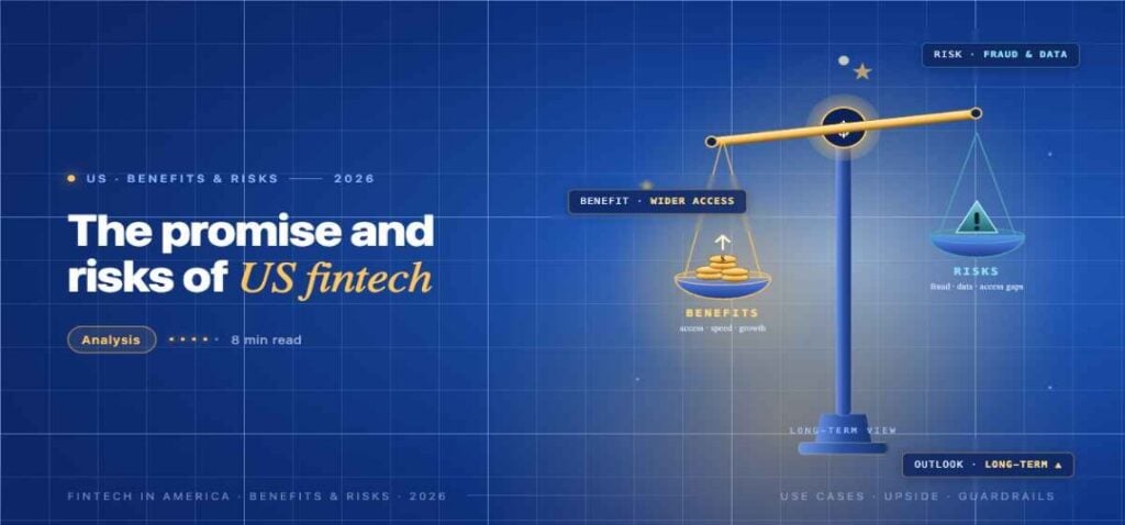 TechBullion navy editorial featured image for the article 'FinTech Ecosystem in America: Use Cases, Benefits, Risks, and Long-Term Opportunities', with a short gold-italic headline phrase and a topic-fitting illustration on a two-tier grid.