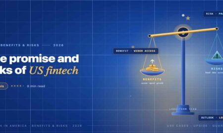 TechBullion navy editorial featured image for the article 'FinTech Ecosystem in America: Use Cases, Benefits, Risks, and Long-Term Opportunities', with a short gold-italic headline phrase and a topic-fitting illustration on a two-tier grid.