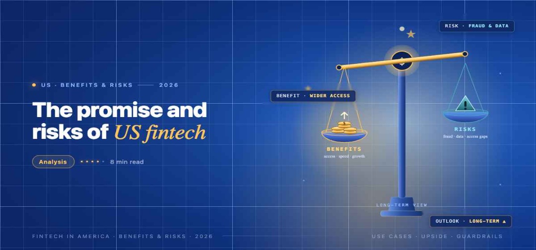 TechBullion navy editorial featured image for the article 'FinTech Ecosystem in America: Use Cases, Benefits, Risks, and Long-Term Opportunities', with a short gold-italic headline phrase and a topic-fitting illustration on a two-tier grid.