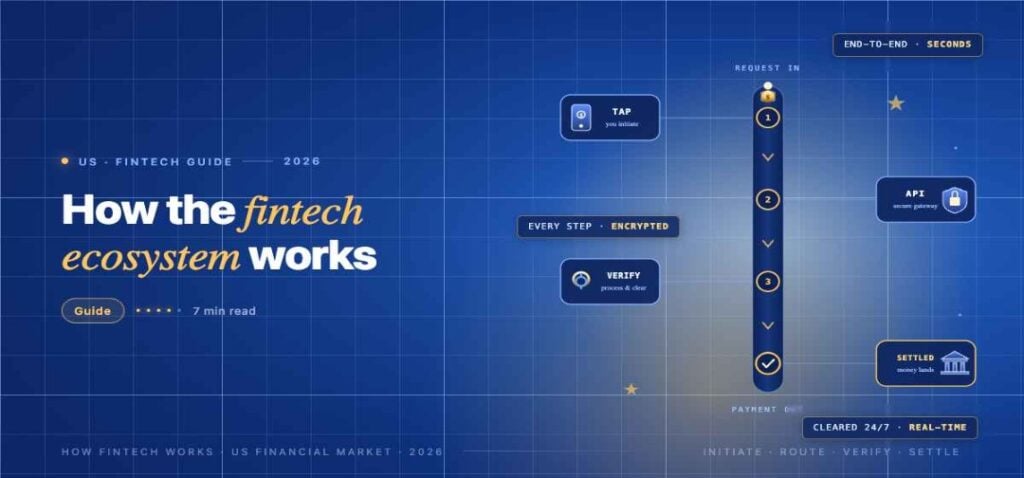 TechBullion navy editorial featured image for the article 'How FinTech Ecosystem Works: A Guide for the US Financial Market', with a short gold-italic headline phrase and a topic-fitting illustration on a two-tier grid.