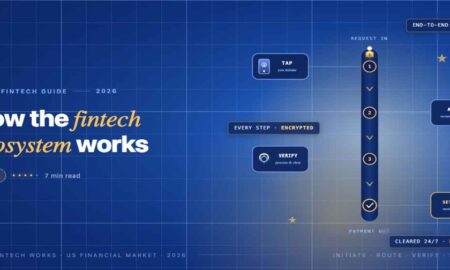 TechBullion navy editorial featured image for the article 'How FinTech Ecosystem Works: A Guide for the US Financial Market', with a short gold-italic headline phrase and a topic-fitting illustration on a two-tier grid.