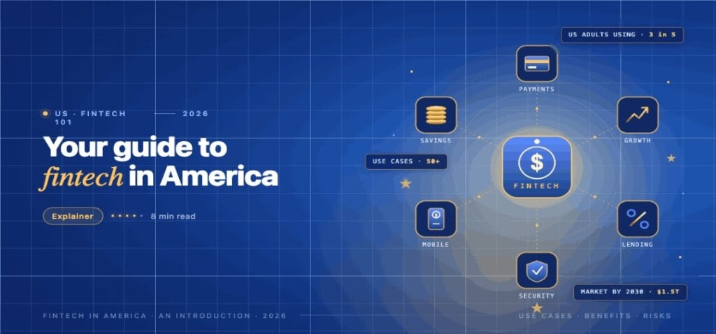 TechBullion navy editorial featured image for the article 'Introduction to FinTech in America: Use Cases, Benefits, Risks, and Long-Term Opportunities', with a short gold-italic headline phrase and a topic-fitting illustration on a two-tier grid.
