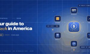 TechBullion navy editorial featured image for the article 'Introduction to FinTech in America: Use Cases, Benefits, Risks, and Long-Term Opportunities', with a short gold-italic headline phrase and a topic-fitting illustration on a two-tier grid.