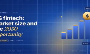 Navy editorial card titled US fintech market size and the 2030 opportunity, showing a gold ascending bar chart and a gold dollar coin over a blue grid, representing US fintech market growth toward 2032.