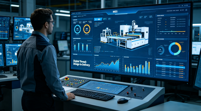 A realistic shot inside a factory control room, showing an engineer monitoring a large MES dashboard displaying real-time production data, OEE, SPC charts, and order status with "Digital Thread: Design to Delivery" on screen.