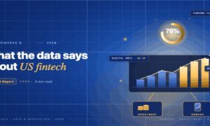 TechBullion navy editorial featured image for the article 'What the Latest US Data Says About FinTech Innovations: Demand, Investment and Growth Areas', with a short gold-italic headline phrase and a topic-fitting illustration on a two-tier grid.