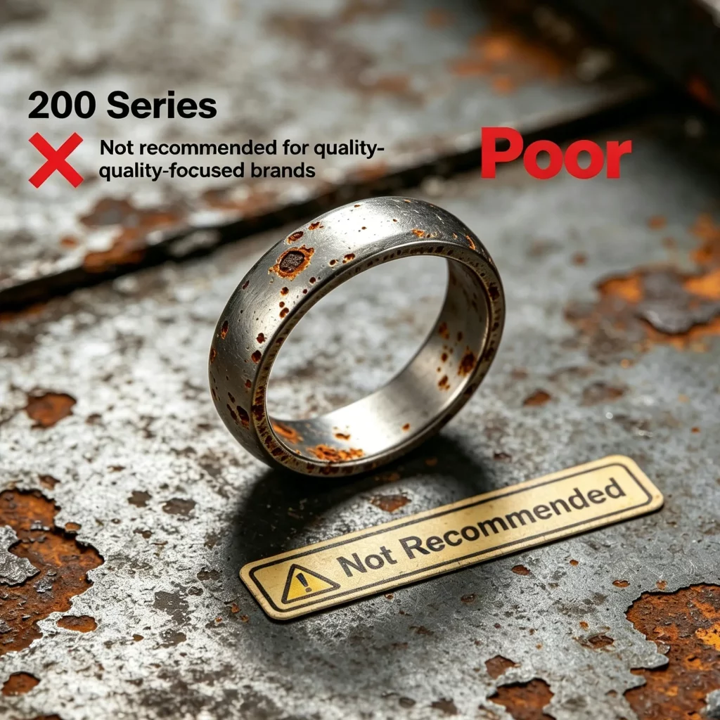 Poor corrosion performance of 200 series stainless steel in jewelry applications, illustrating the risks of using sub-standard substrates for PVD finishing.