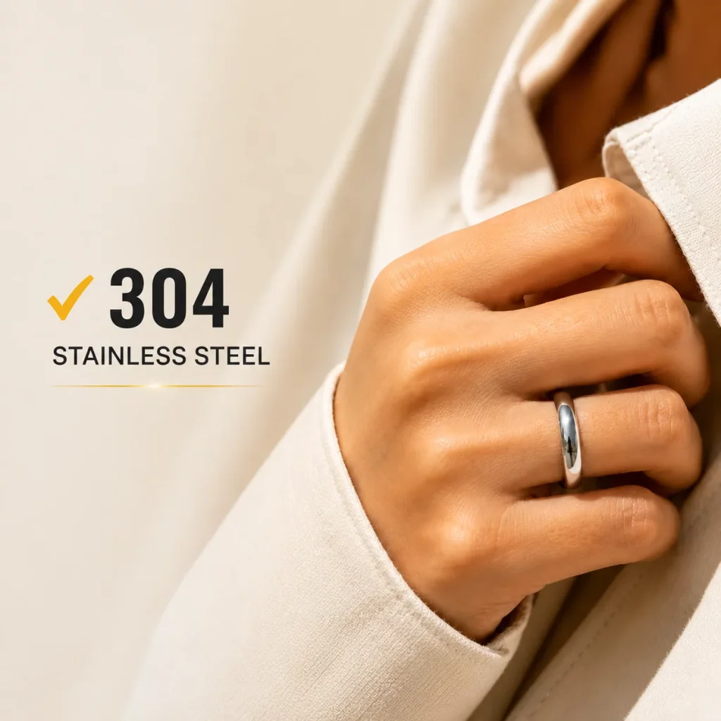 304 stainless steel ring demonstrating a high-quality surface finish, widely recognized in fashion jewelry as the optimal substrate for balancing manufacturing costs with PVD plating performance.