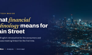 City skyline at night representing fintech reaching mainstream consumers and businesses