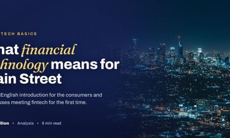 City skyline at night representing fintech reaching mainstream consumers and businesses