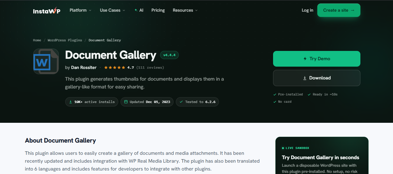 Document Gallery product page screenshot