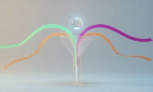 Translucent funnel with colored data streams converging as a glowing AI core highlights the top conversion path on a soft gradient background.