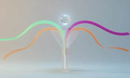 Translucent funnel with colored data streams converging as a glowing AI core highlights the top conversion path on a soft gradient background.