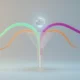 Translucent funnel with colored data streams converging as a glowing AI core highlights the top conversion path on a soft gradient background.