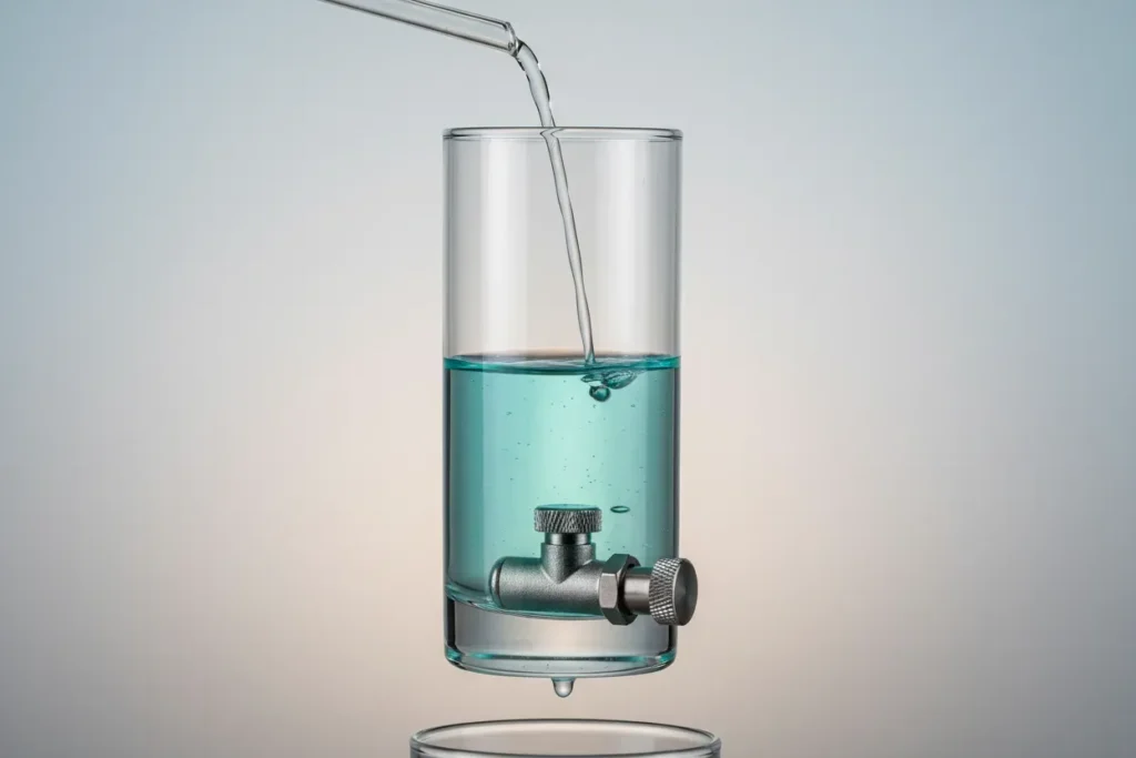 Minimalist glass reservoir with a controlled valve drip and steady inflow, showing a stable liquid buffer against a soft neutral background.