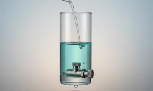 Minimalist glass reservoir with a controlled valve drip and steady inflow, showing a stable liquid buffer against a soft neutral background.