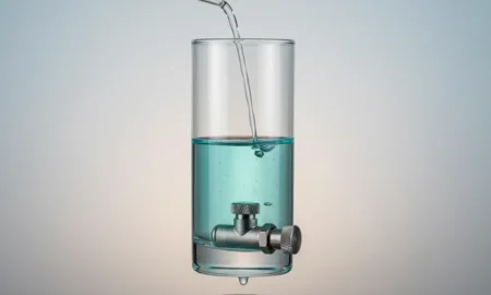 Minimalist glass reservoir with a controlled valve drip and steady inflow, showing a stable liquid buffer against a soft neutral background.