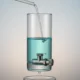 Minimalist glass reservoir with a controlled valve drip and steady inflow, showing a stable liquid buffer against a soft neutral background.