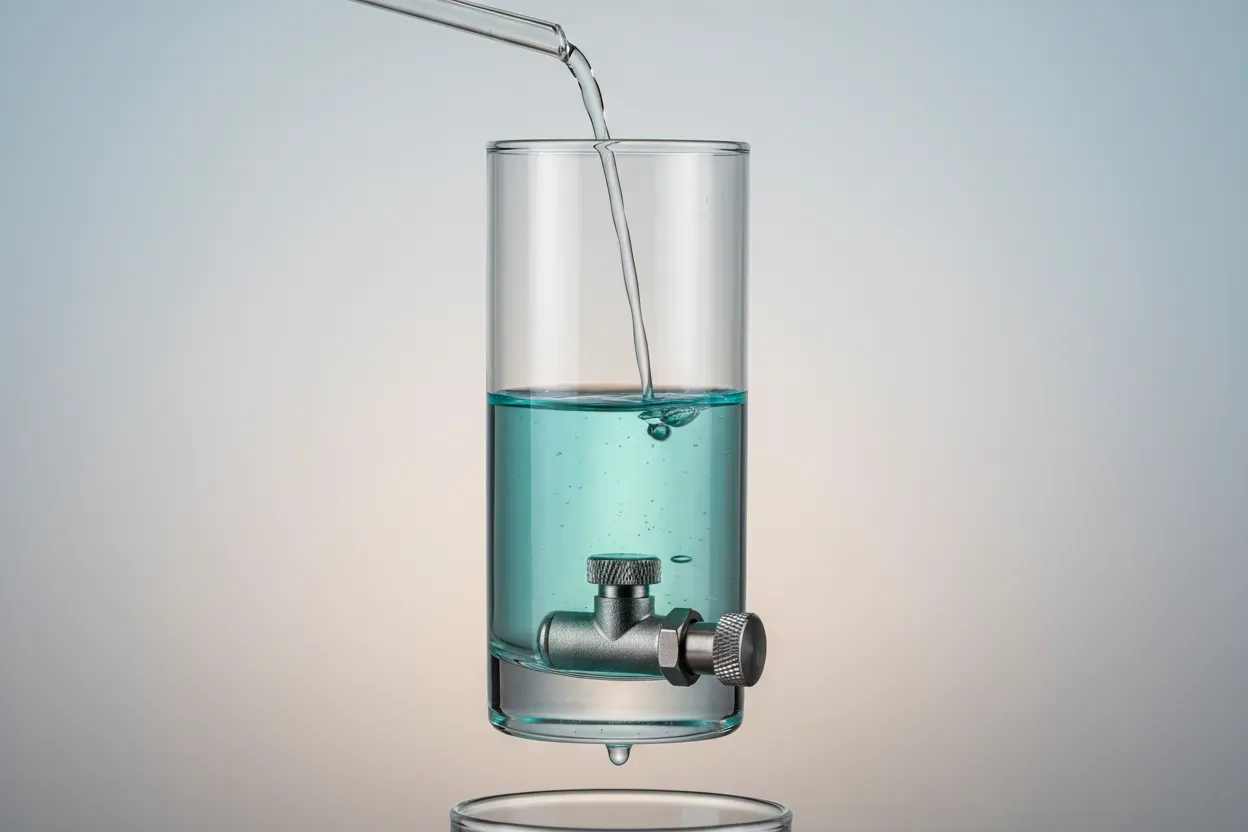 Minimalist glass reservoir with a controlled valve drip and steady inflow, showing a stable liquid buffer against a soft neutral background.