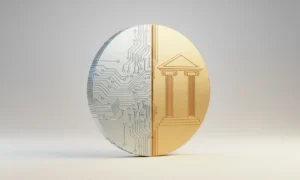 Single coin merging digital circuit patterns with classical bank columns on a soft neutral background.