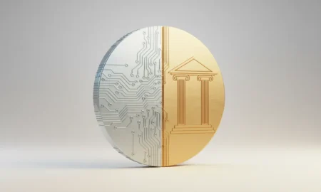 Single coin merging digital circuit patterns with classical bank columns on a soft neutral background.