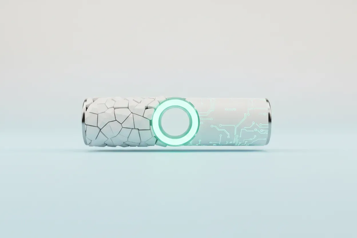 Minimalist cylinder with a glowing ring transforms rough segments into smooth, aligned pieces on a soft neutral background.