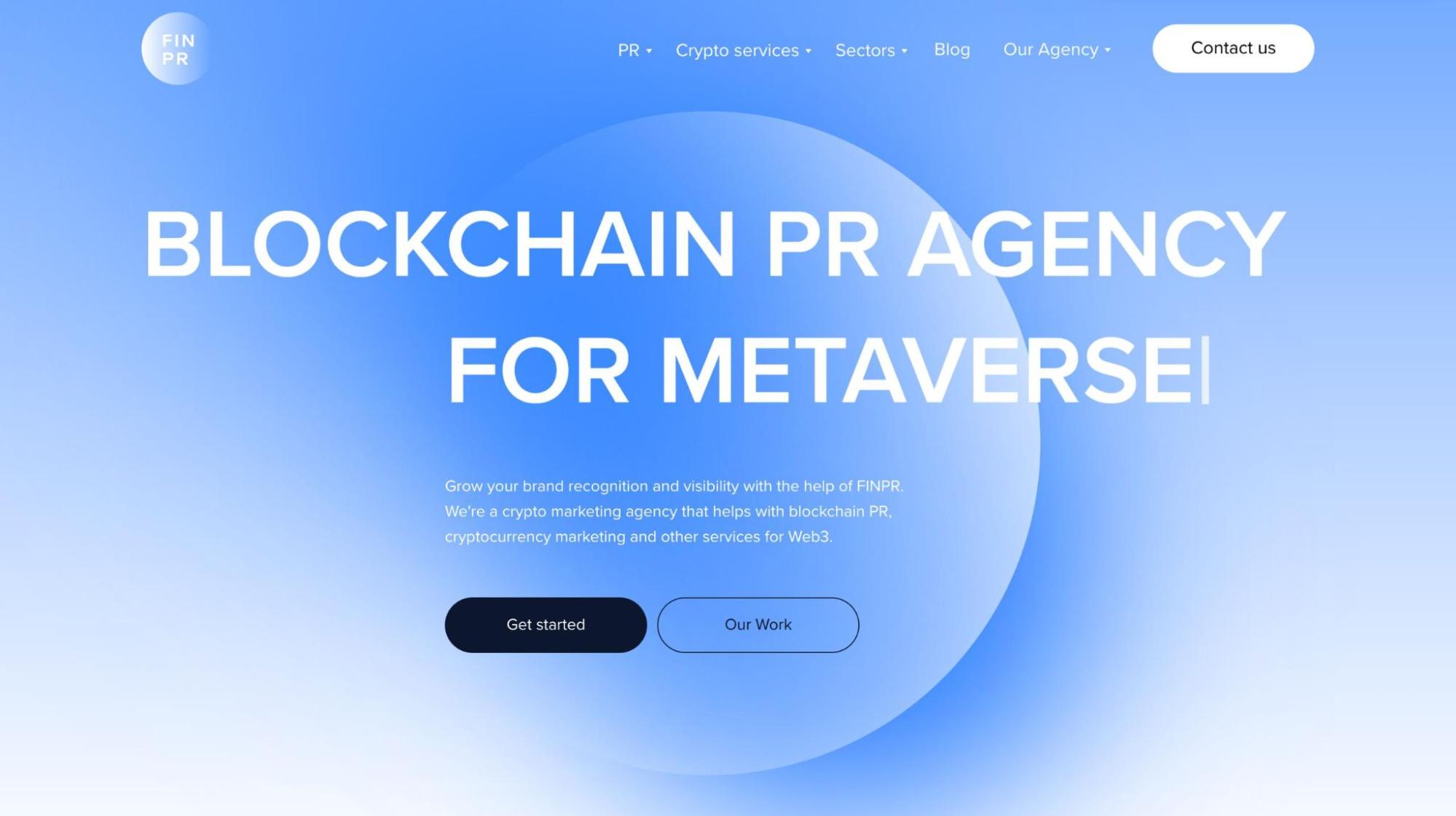 FINPR blockchain PR agency homepage positioning as a crypto Reddit growth agency for metaverse, Web3, and cryptocurrency marketing with global media distribution